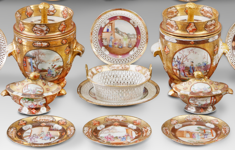 圖為清乾隆廣彩“洛克菲勒”餐具細(xì)節(jié)圖。（來(lái)源：廣州十三行博物館）