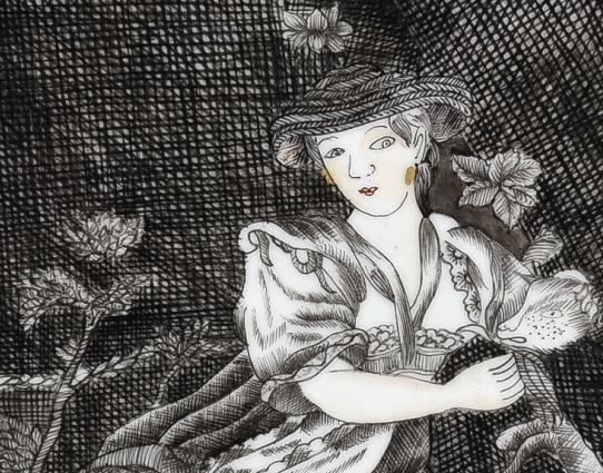 圖為清乾隆墨彩描金西方女性圖碟細(xì)節(jié)圖，碟心以墨彩繪西洋女性圖，這種碟是典型來樣加工出口瓷器，圖樣由外商提供并在中國燒制完工，然后再進(jìn)行外銷。此碟圖案為歐洲第一名瓷德國梅森瓷器早期圖案。（來源：廣州十三行博物館）