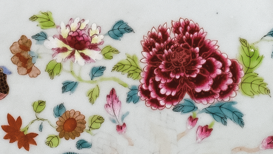 圖為清乾隆粉彩孔雀牡丹紋橢圓盤(pán)細(xì)節(jié)圖。（來(lái)源：廣州十三行博物館）